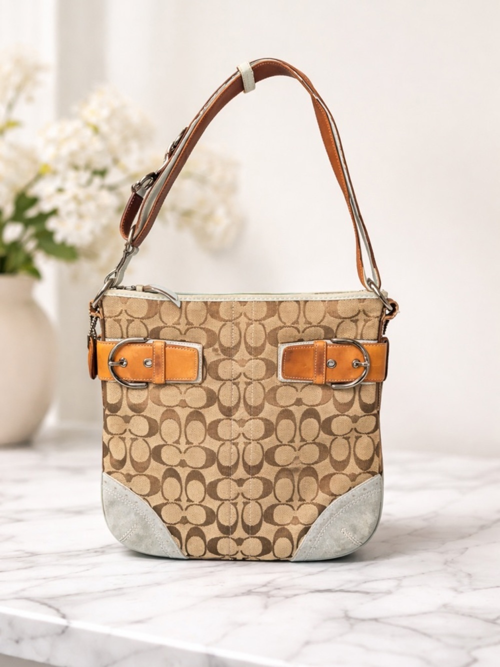 Coach Soho Signature Shoulder Bag Y2K 2006 Buckle Canvas Blue Trim